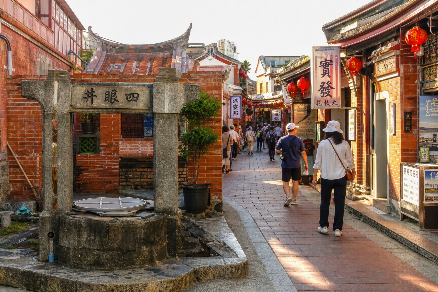 馬公中央老街的紅磚巷弄與四眼井，百年歷史街區充滿澎湖人文風情（情境示意圖）