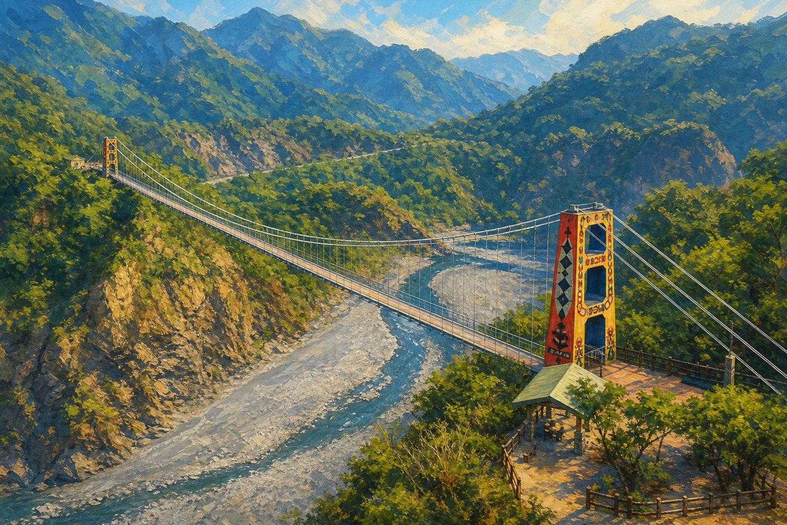 【AI生成示意圖】多納高吊橋：紅黃原民圖騰橋塔的懸索吊橋橫跨礫石河床峽谷，長 232 公尺、高 103 公尺