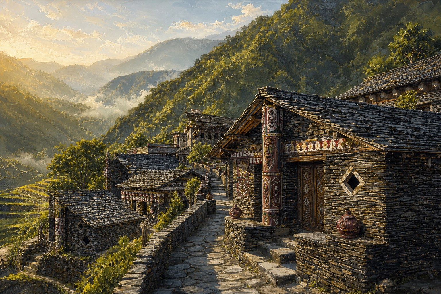 【AI生成示意圖】多納部落：黑灰石板屋頂的石屋聚落依山錯落，木雕門楣與彩繪圖騰點綴其間
