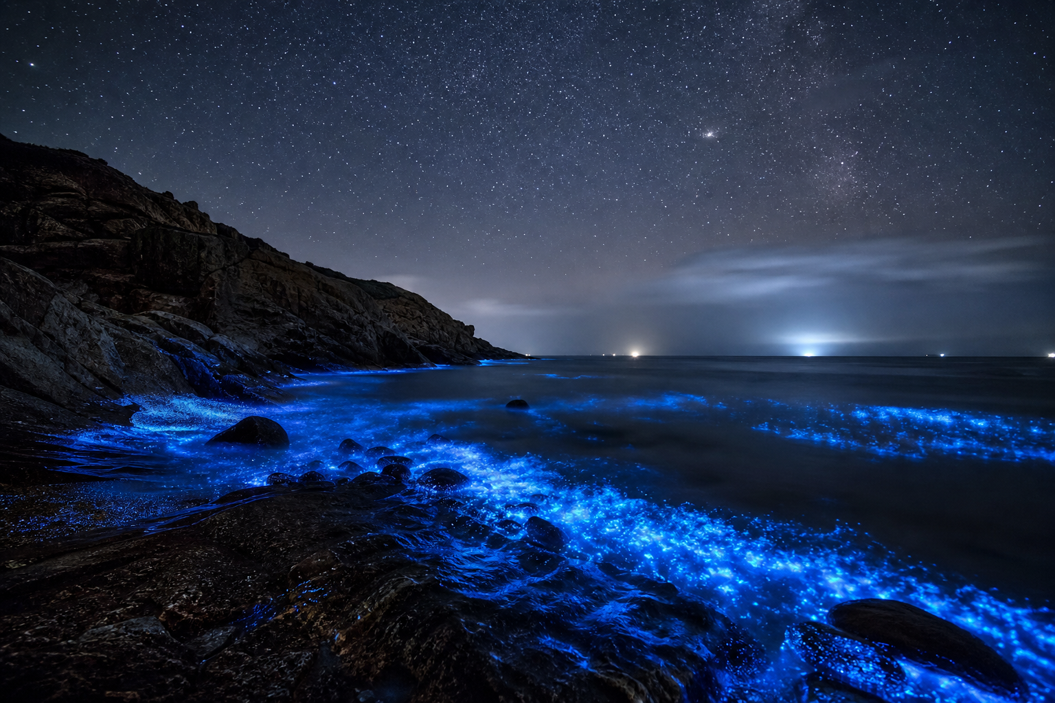 馬祖藍眼淚夢幻夜景,海浪拍打礁石激起藍色螢光