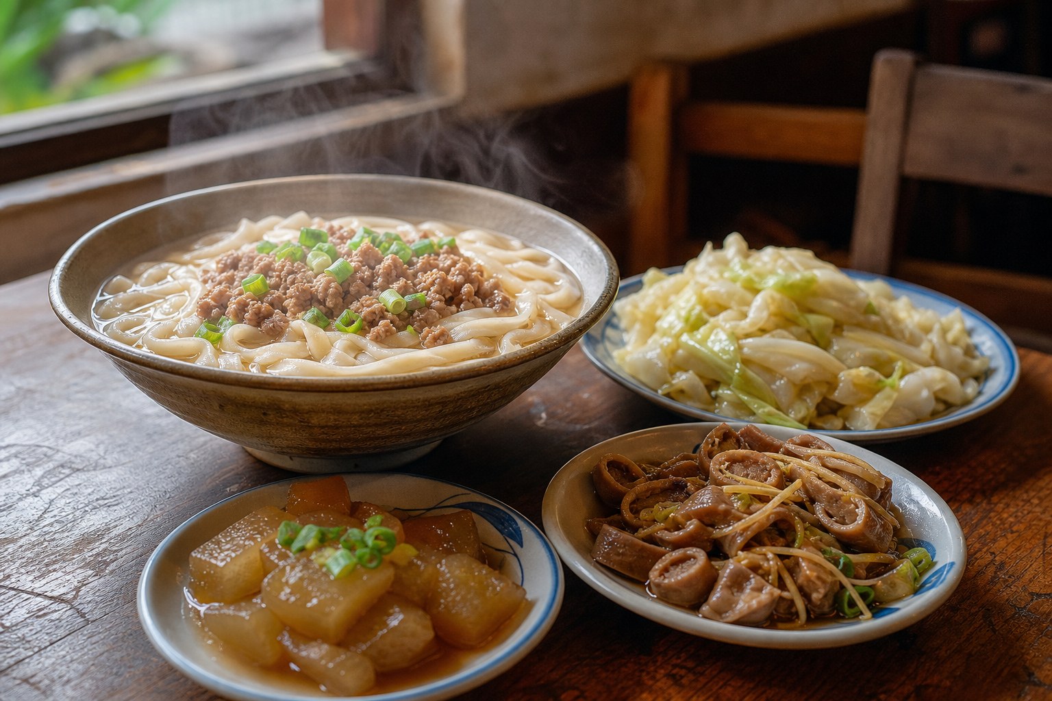 美濃客家菜：湯粄條配高麗菜封、冬瓜封與薑絲大腸，是客家小鎮的標準吃法（情境示意圖）