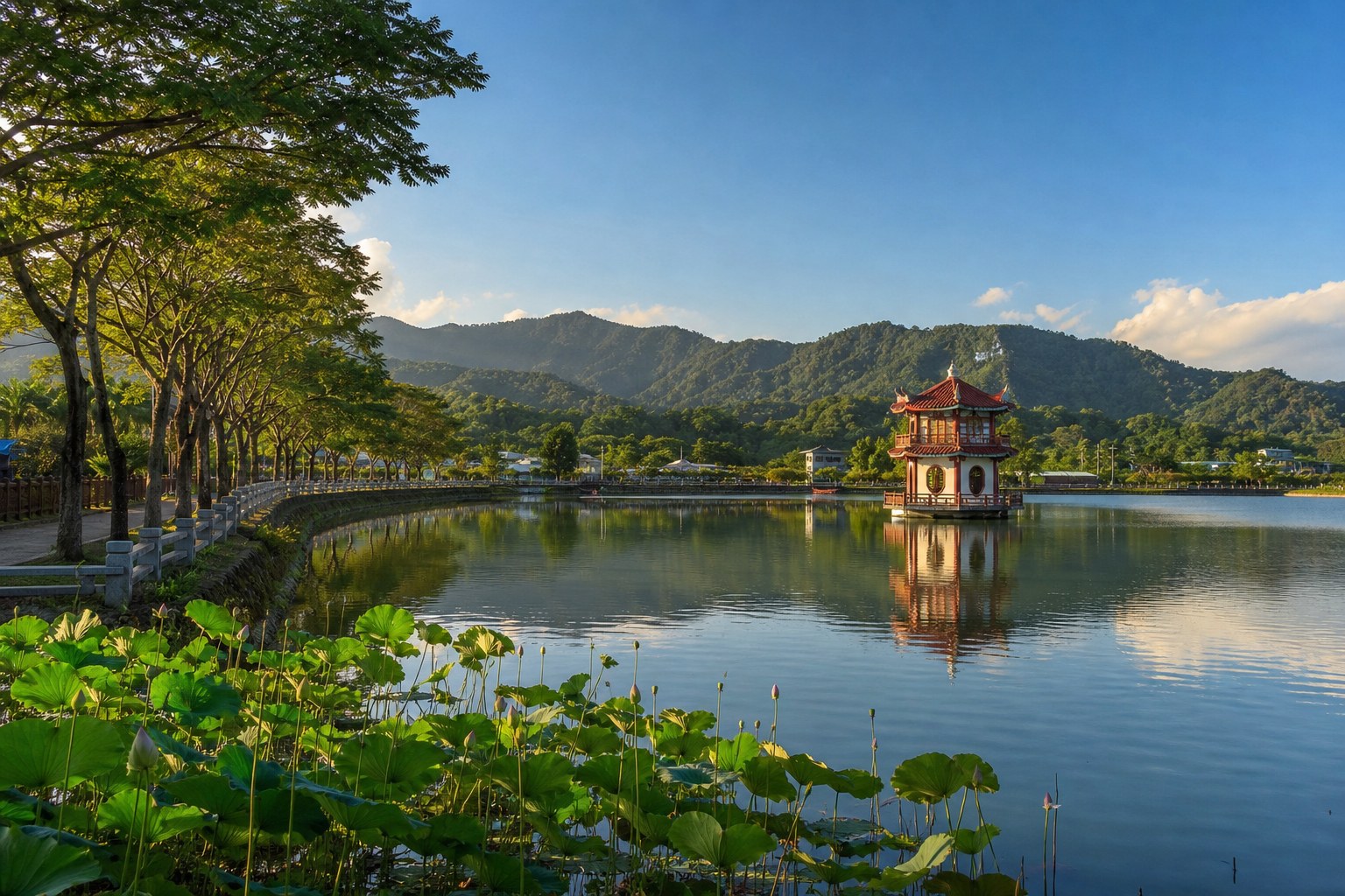 美濃湖：湖中央的朱紅中正亭與山影倒映，是美濃最經典的風景（情境示意圖）