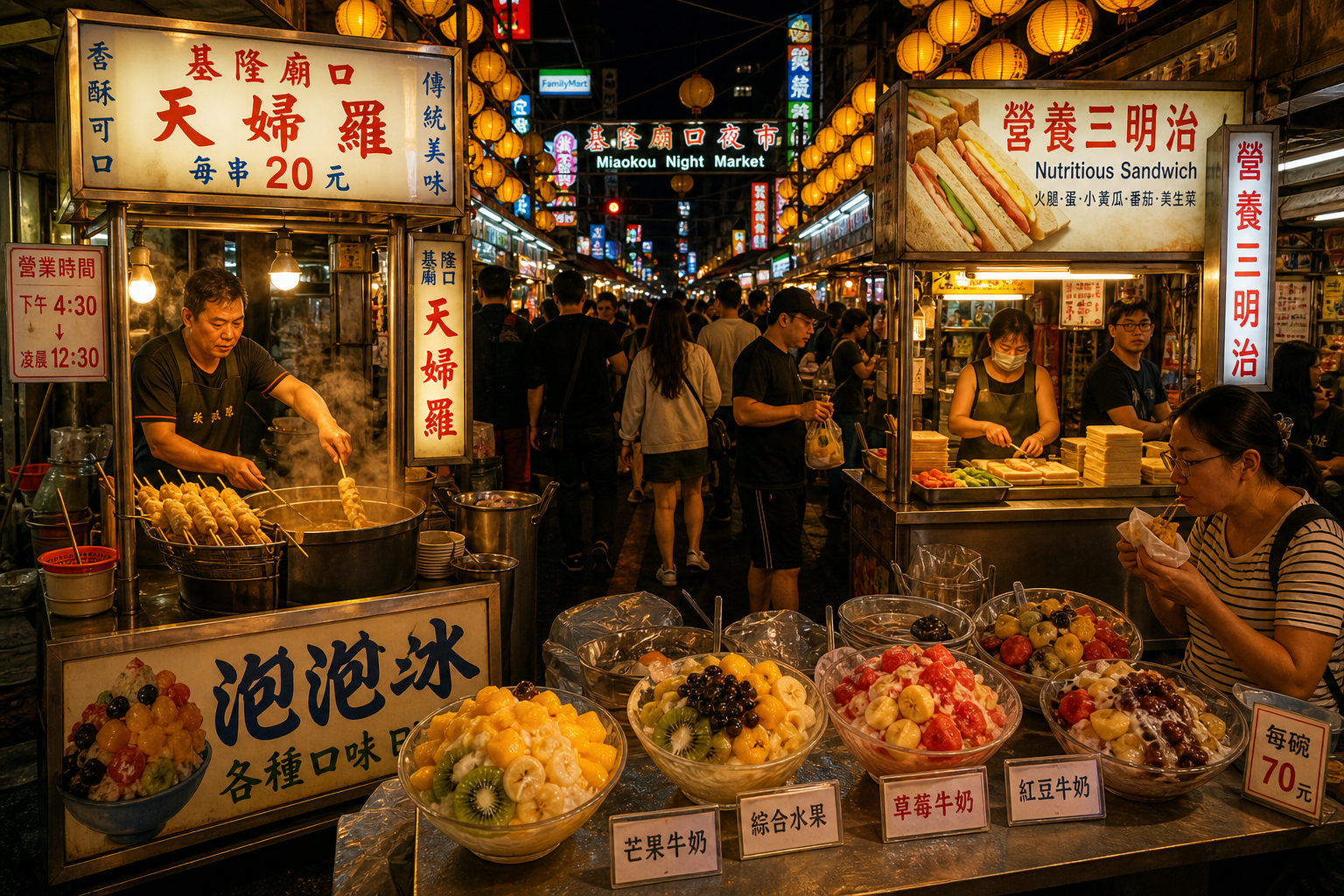 廟口夜市夜晚人潮鼎沸,營養三明治、泡泡冰、天婦羅是必吃經典