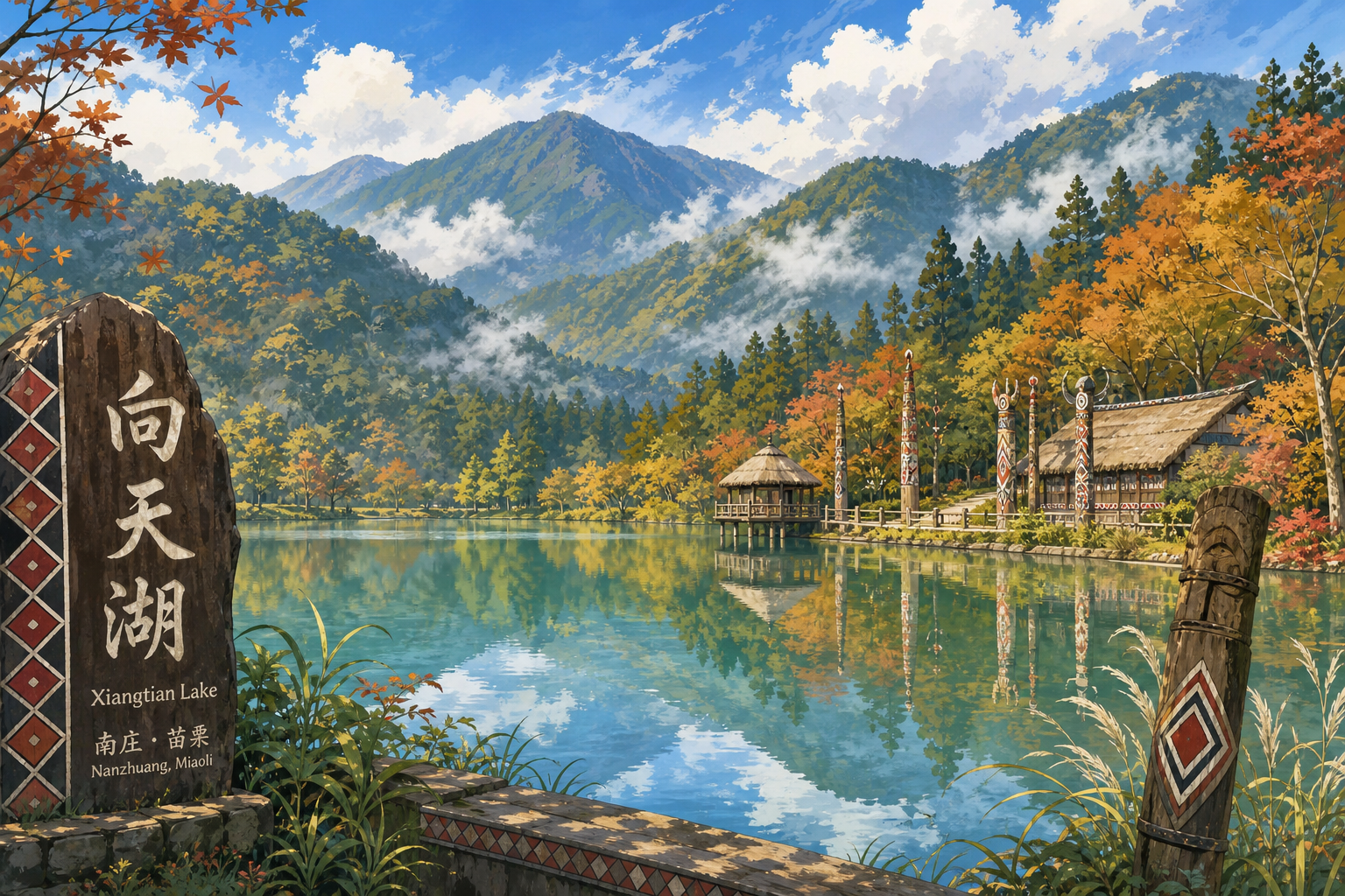 向天湖寧靜湖面倒映山景的照片,賽夏族部落聖地