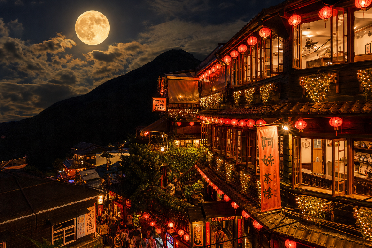中秋佳節,台灣老街升起一輪滿月,紅燈籠點綴夜色,中秋連假氛圍滿點
