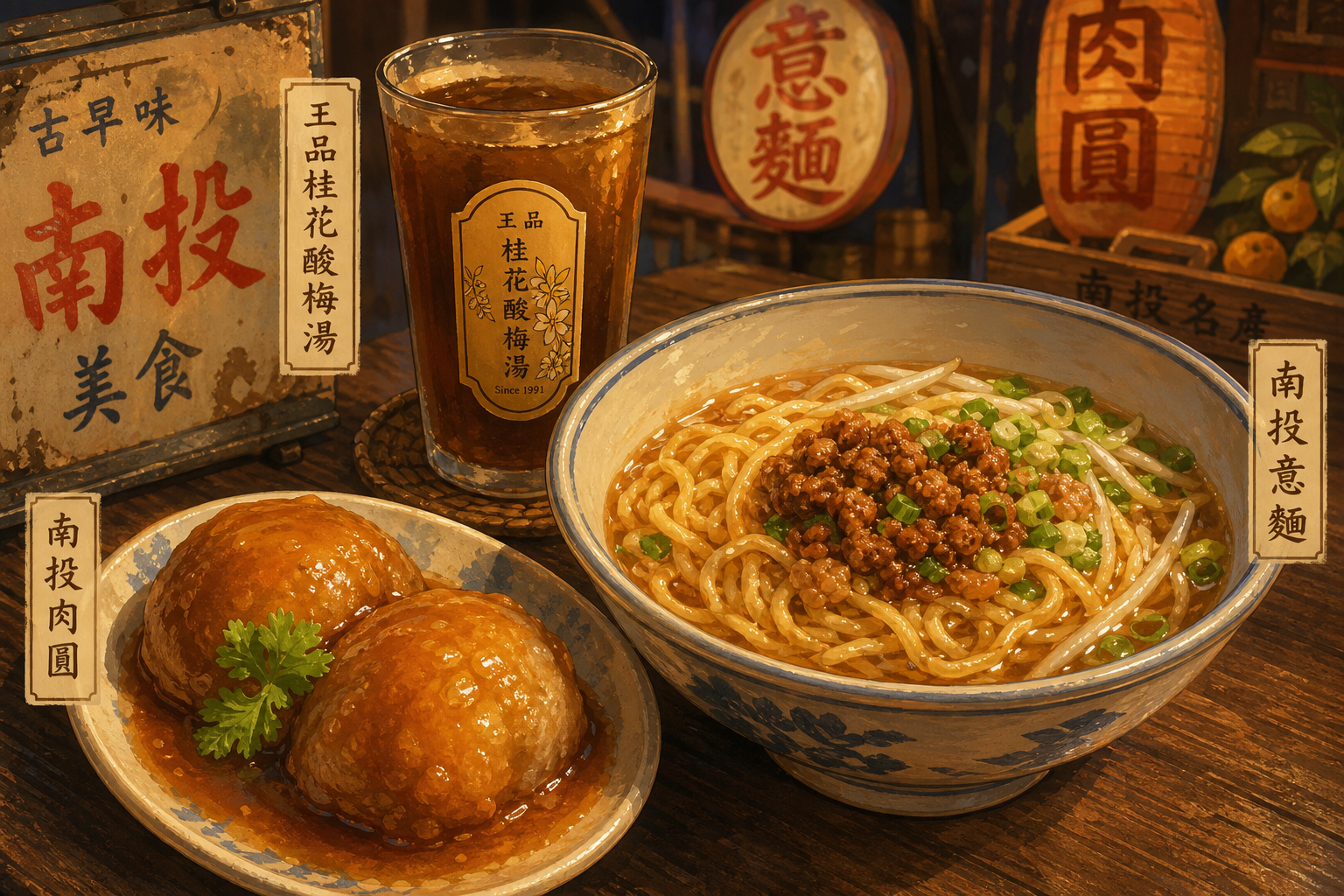 南投在地美食:友德意麵、阿連扣仔嗲、王品桂花酸梅湯(AI 生成示意圖)