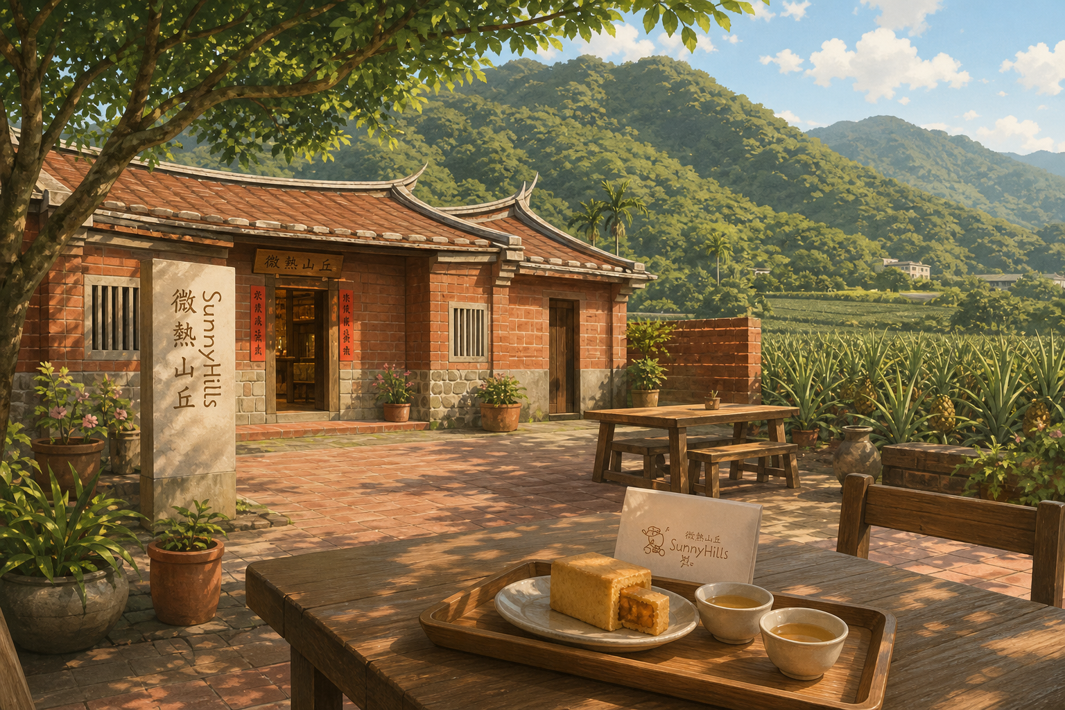 微熱山丘三合院門市,紅磚建築搭配鳳梨田景觀(AI 生成示意圖)