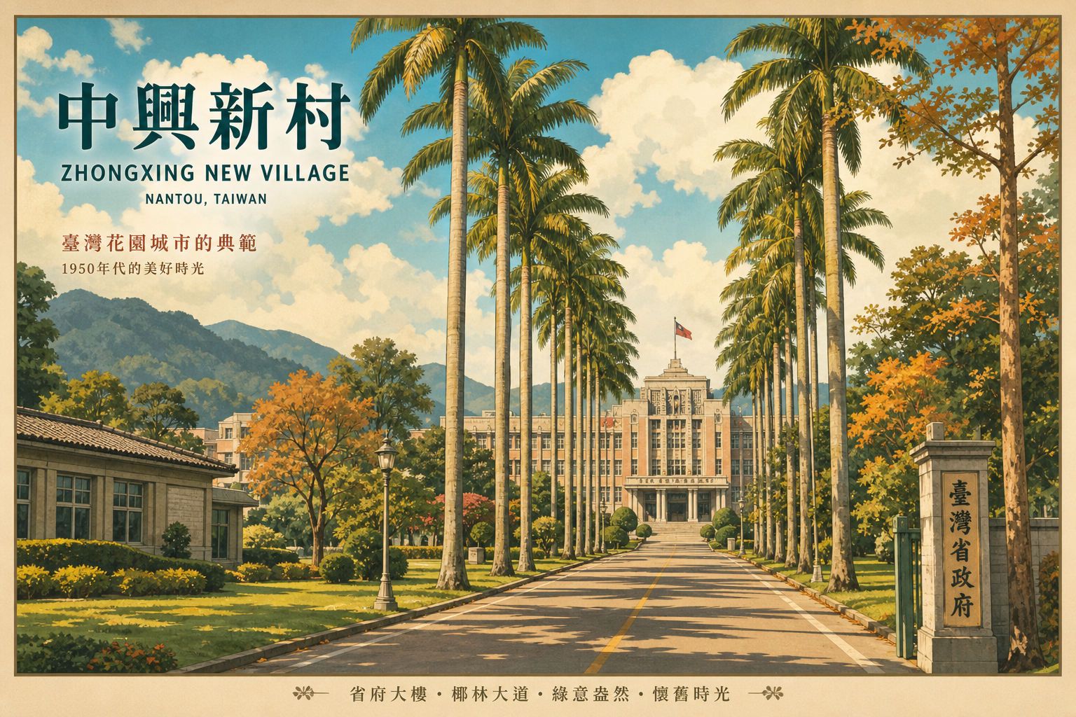 中興新村省府大樓與椰林大道,花園城市的秋日風情(AI 生成示意圖)
