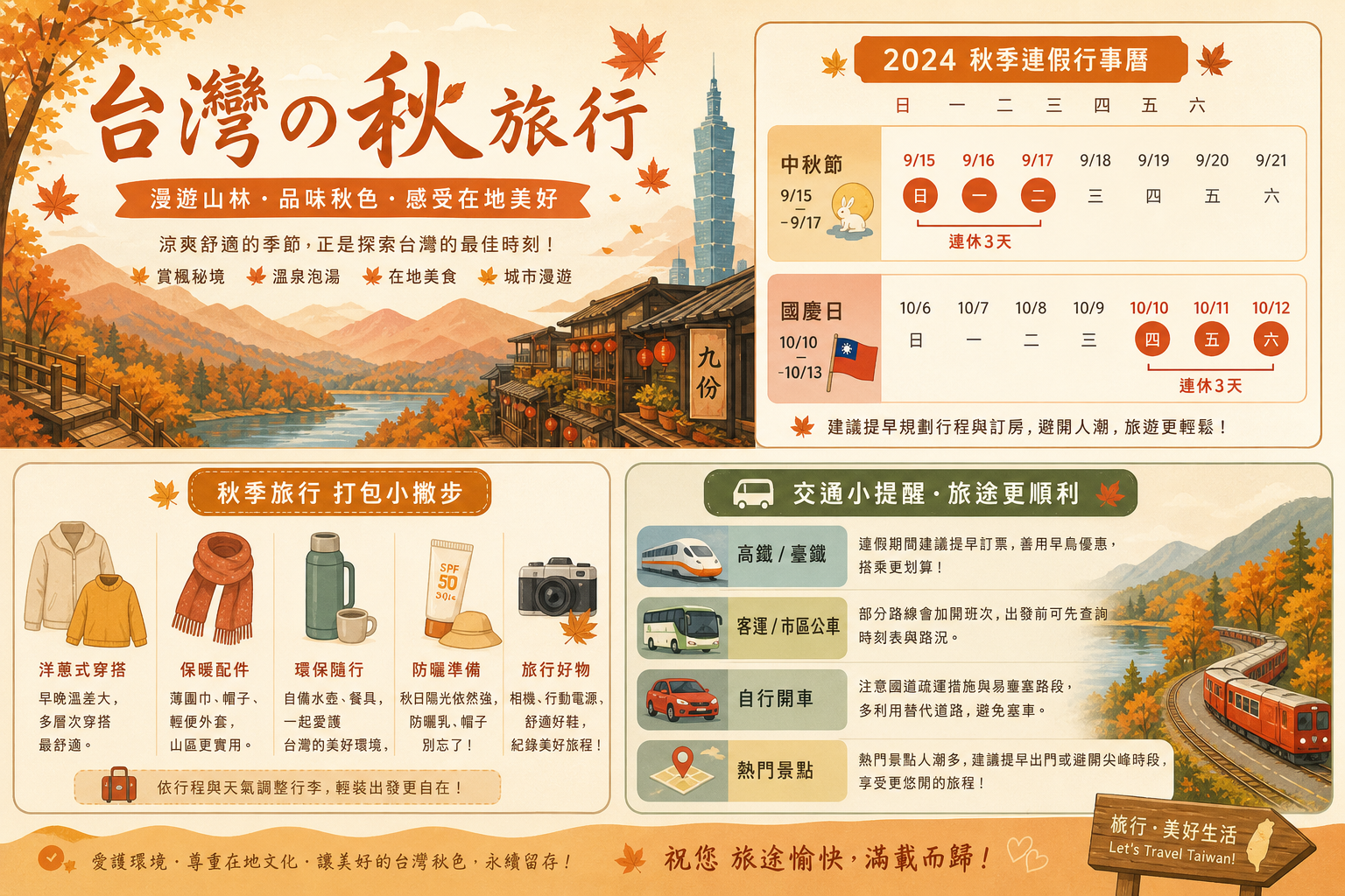 國慶連假旅遊提醒：訂票時間、天氣準備與交通注意事項