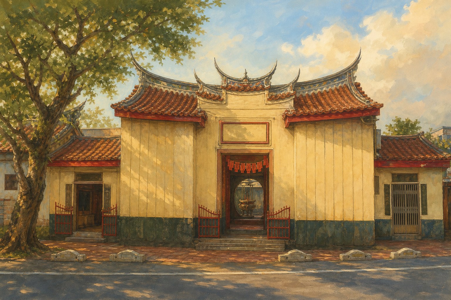 【AI生成示意圖】內埔昌黎祠：黃牆紅瓦、燕尾脊與紅門的台灣唯一主祀韓愈祠廟，殿內掛滿考生祈福卡