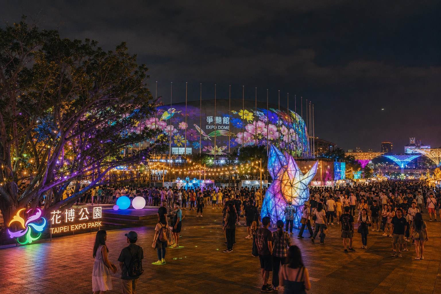 【AI生成示意圖】花博公園圓山園區白晝之夜夜間藝術節慶場景,爭艷館圓頂建築、燈光裝置與人群