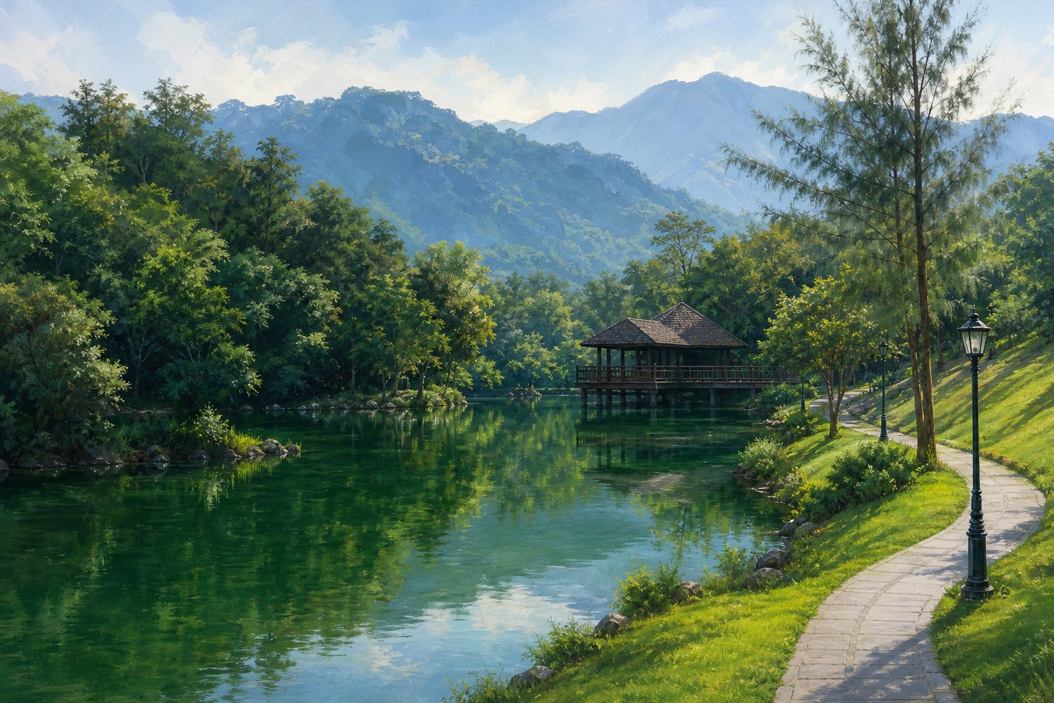 【AI生成示意圖】台東森林公園琵琶湖：翠綠湖水如鏡倒映木麻黃林，木造涼亭跨水面，湖畔步道蜿蜒