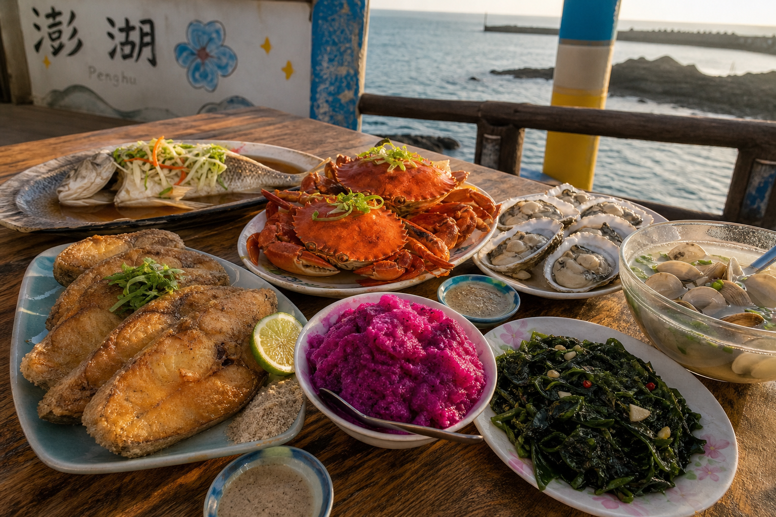 秋季澎湖海鮮盛宴，土魠魚、螃蟹、海菜、仙人掌冰一次滿足（情境示意圖）