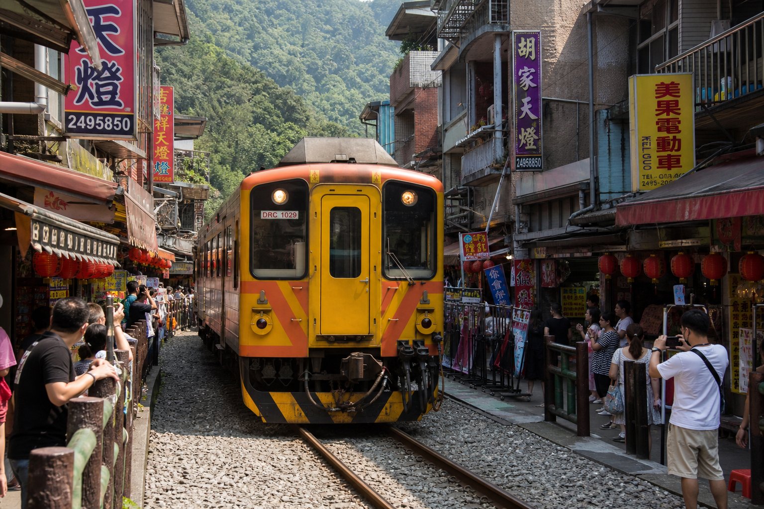 平溪線橘黃色台鐵列車從十分老街店舖門前緩緩駛過