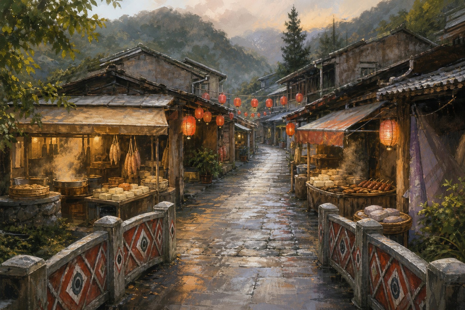 【AI生成示意圖】清安豆腐街：石板老街、冒著蒸氣的豆腐攤與紅燈籠，橋上可見泰雅祖靈之眼圖騰