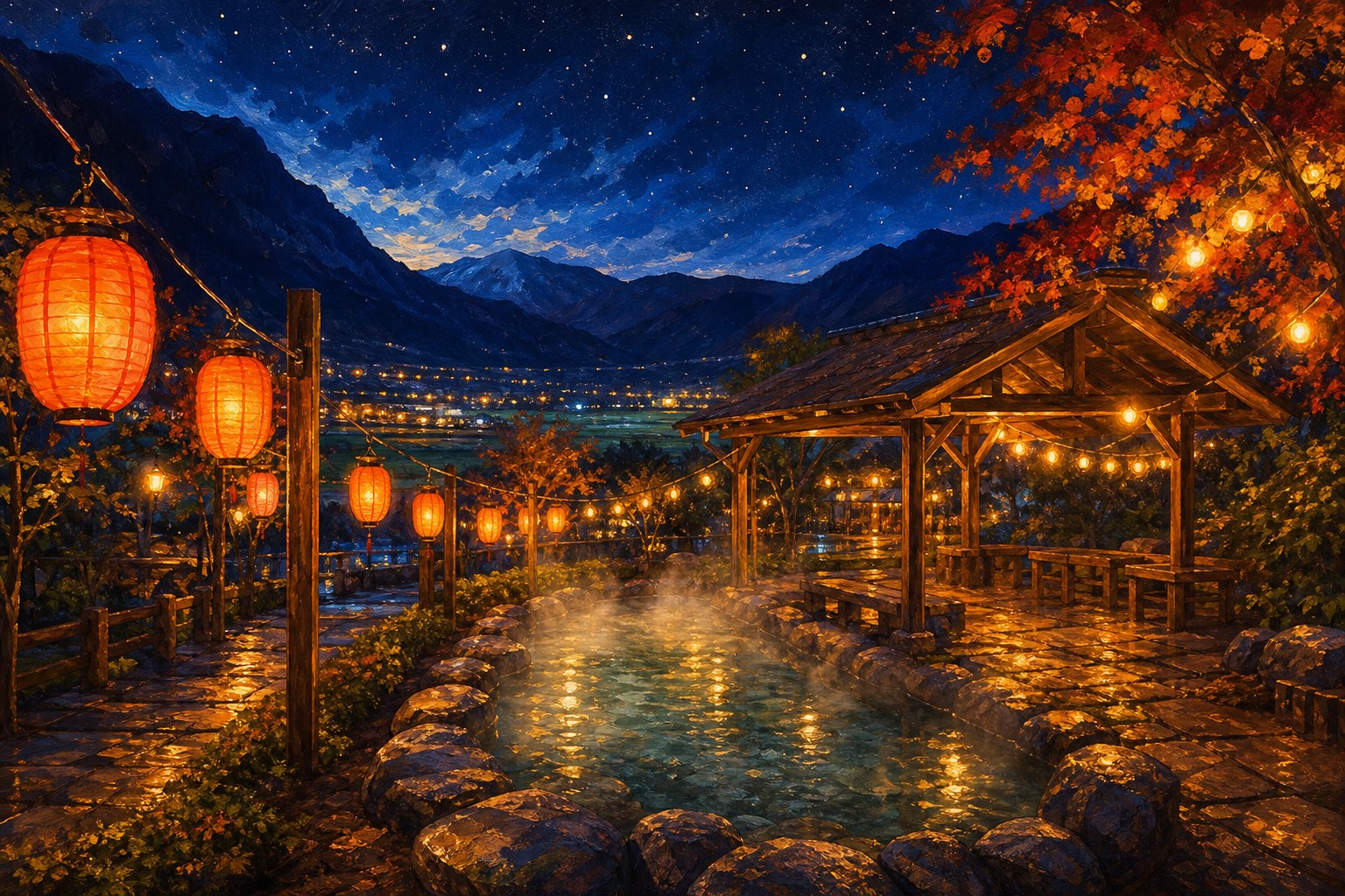 【AI生成示意圖】瑞穗溫泉公園夜間點燈:免費足湯池冒著蒸氣,紅色燈籠與暖色串燈沿溫泉道路亮起