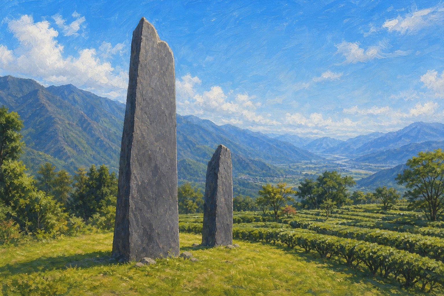 【AI生成示意圖】掃叭石柱:兩根巨大板岩石柱矗立舞鶴台地草地,背景是茶園與花東縱谷群山