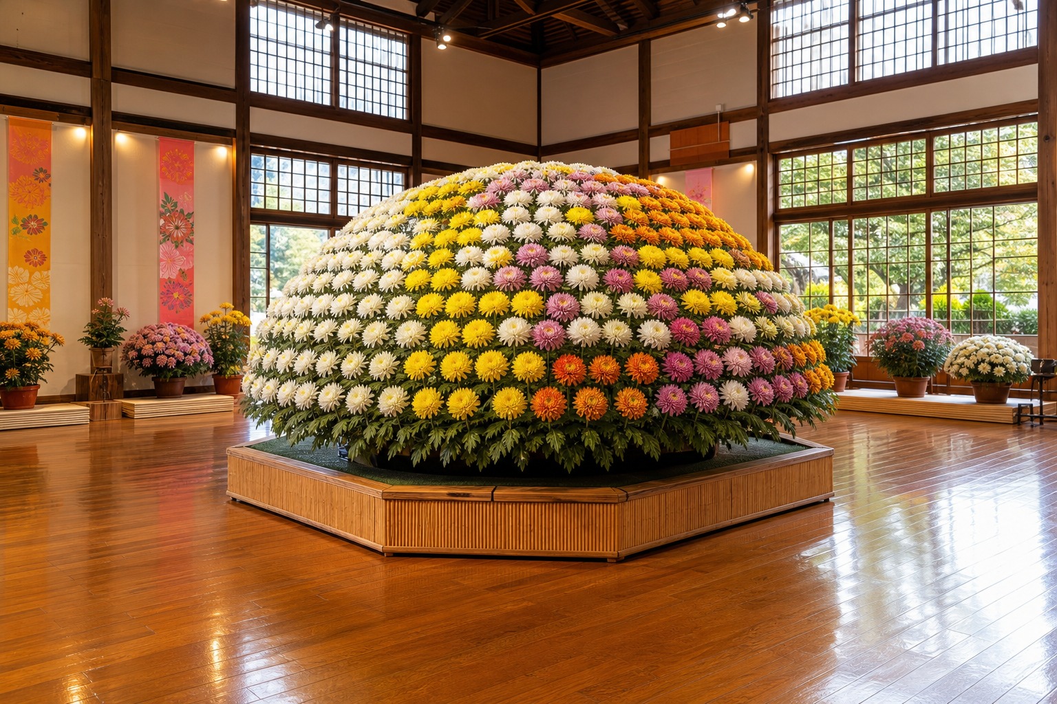 【AI生成示意圖】士林官邸菊展室內展館的大立菊,單株修整成巨大半球形花冠,白、黃、粉、橘色菊花密集綻放