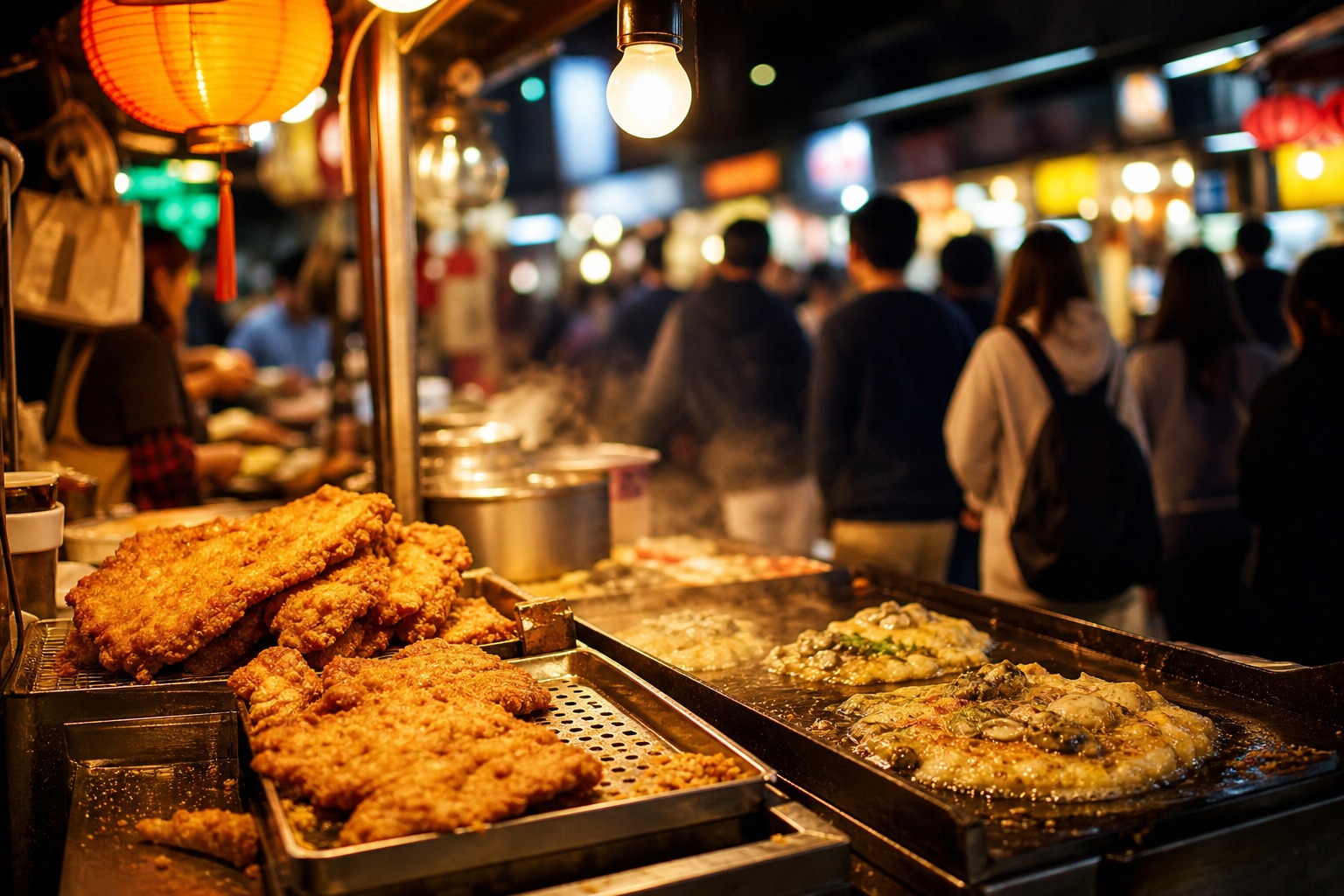 【AI生成示意圖】士林夜市夜晚街景,雞排與蚵仔煎攤位燈火通明、人潮穿梭