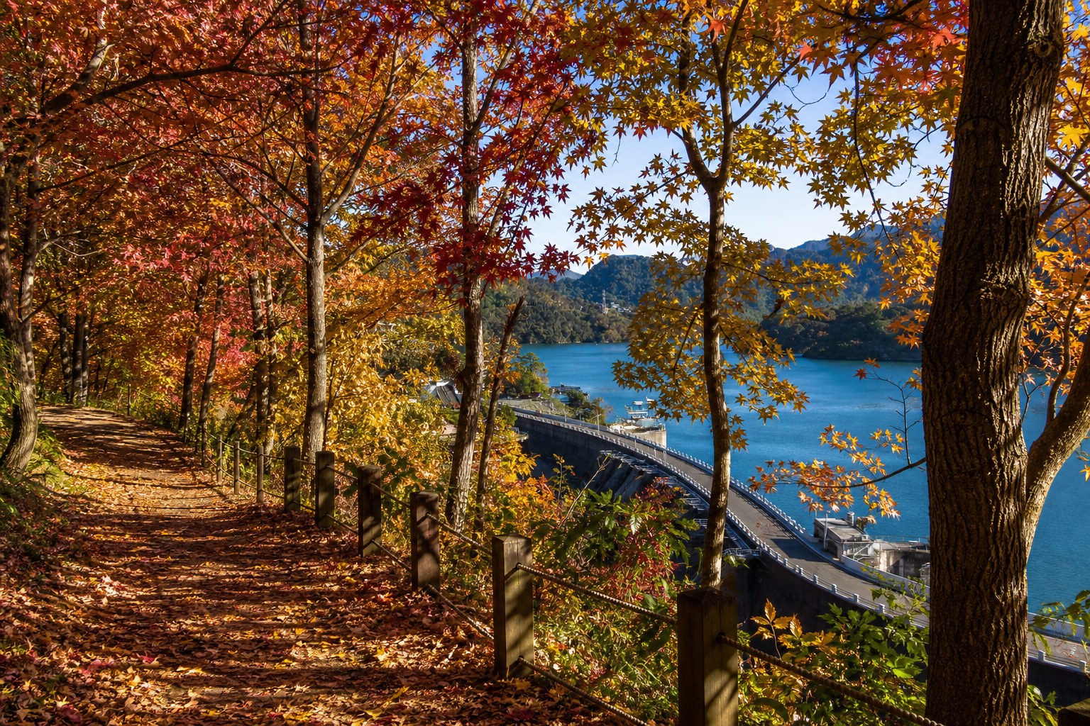 【AI生成示意圖】石門水庫楓林步道,楓紅落葉步道與壩頂湖景相映