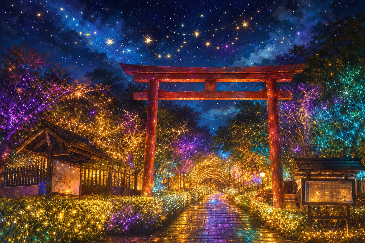 【AI生成示意圖】四重溪溫泉季夜間燈海:七彩霓虹鳥居入口與滿園燈飾