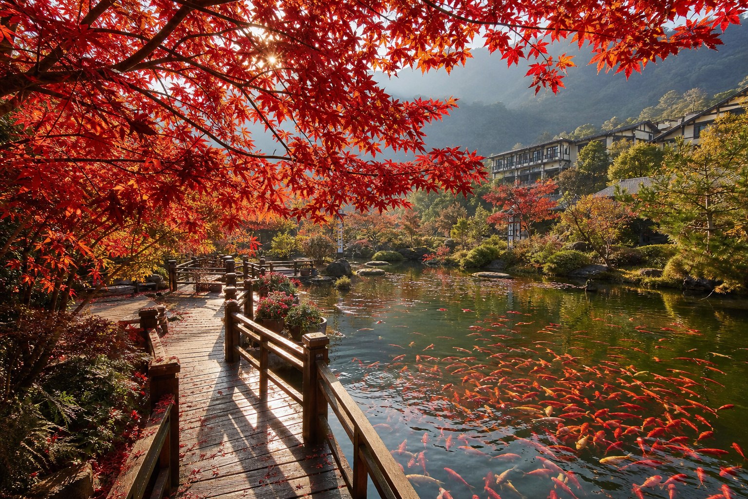 【AI生成示意圖】杉林溪花卉中心賞楓區，火紅楓葉垂掛日式木棧道與日月池畔