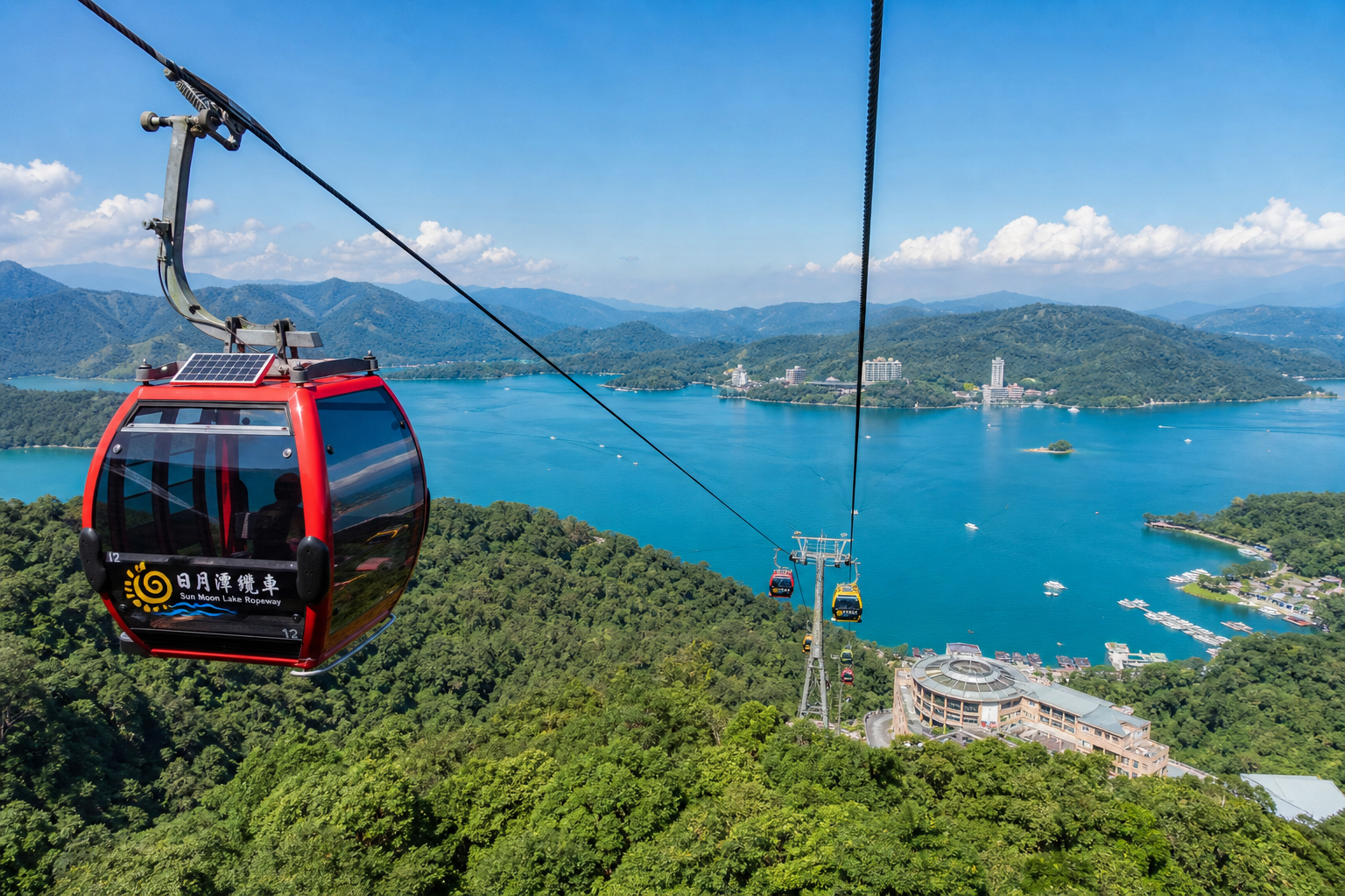 【AI生成示意圖】日月潭纜車穿越山林，俯瞰湖光山色