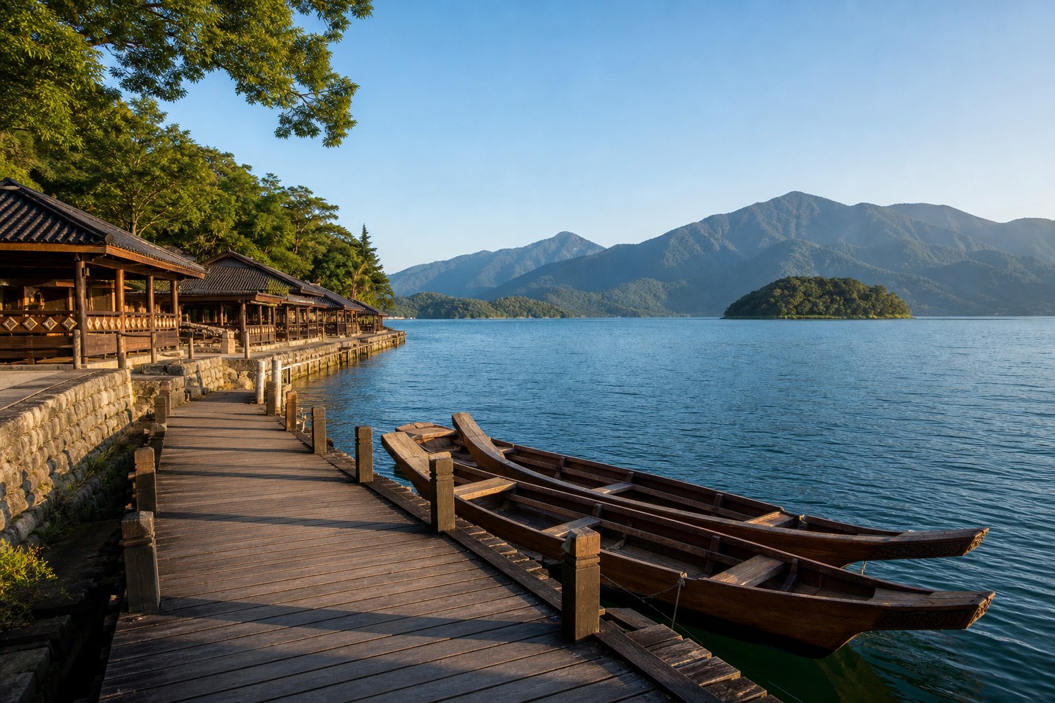 【AI生成示意圖】伊達邵碼頭湖畔木棧道與邵族傳統木船