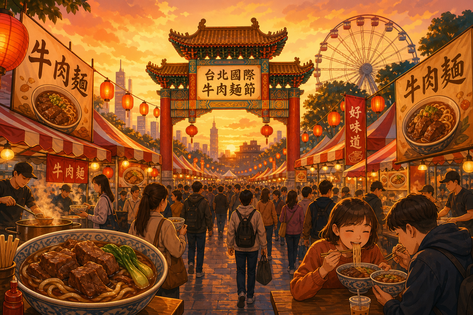 台北國際牛肉麵節會場空拍示意圖,圓山花博長廊廣場的熱鬧攤位與排隊人潮。