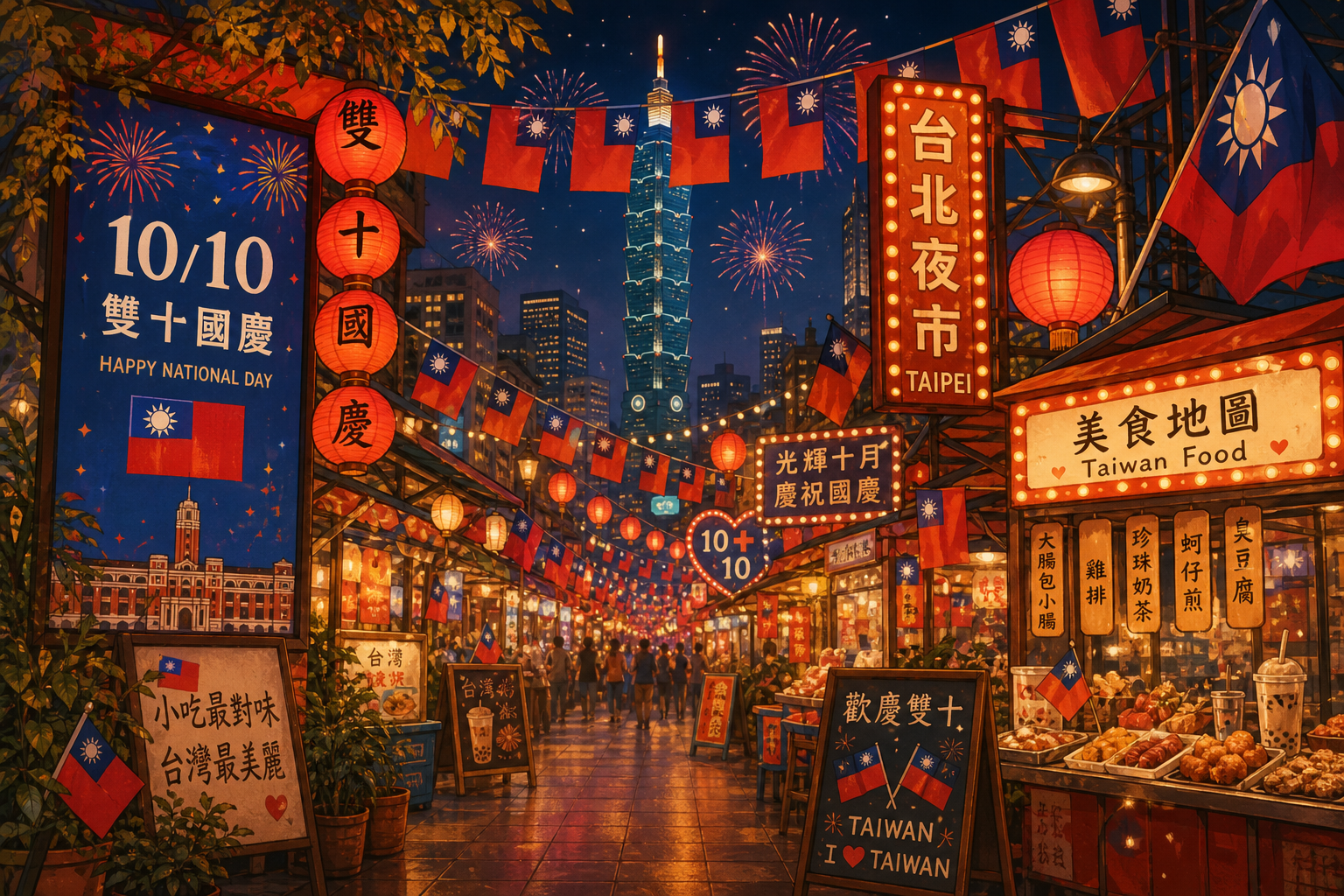 雙十連假台北夜晚的熱鬧氛圍,夜市與燈籠裝飾。