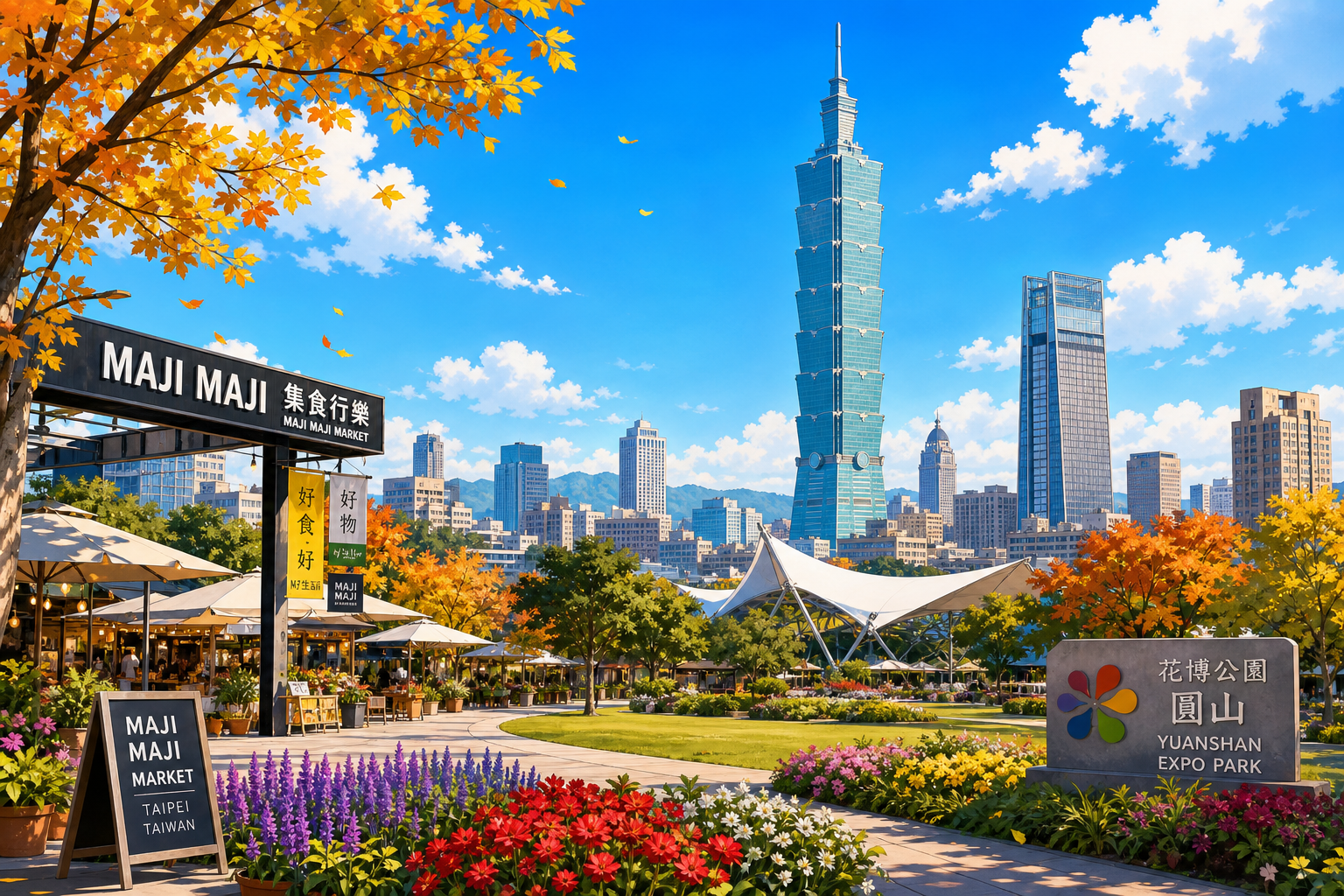 圓山花博公園與台北市區風景,MAJI MAJI市集與綠地。
