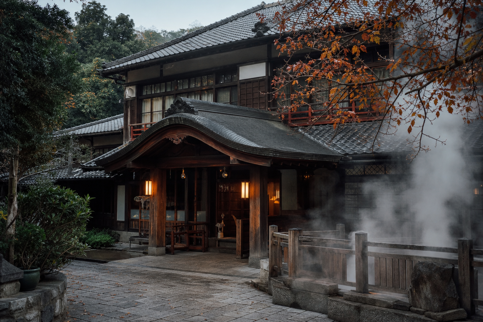 【AI生成示意圖】北投百年湯屋外觀：日式木造建築、門前蒸氣裊裊。