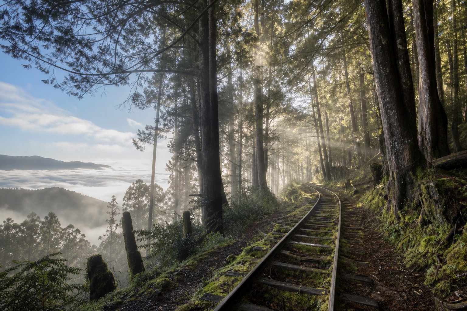 見晴懷古步道是太平山最經典的畫面：舊森林鐵道遺跡穿過雲霧繚繞的檜木林，天氣好時還能眺望蘭陽平原雲海（AI 生成示意圖）