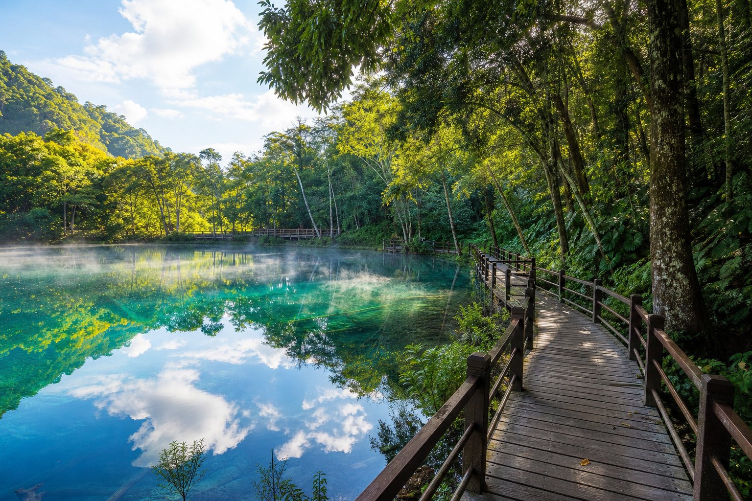 台東森林公園琵琶湖，清澈湧泉湖面倒映藍天綠樹，木棧道蜿蜒湖畔