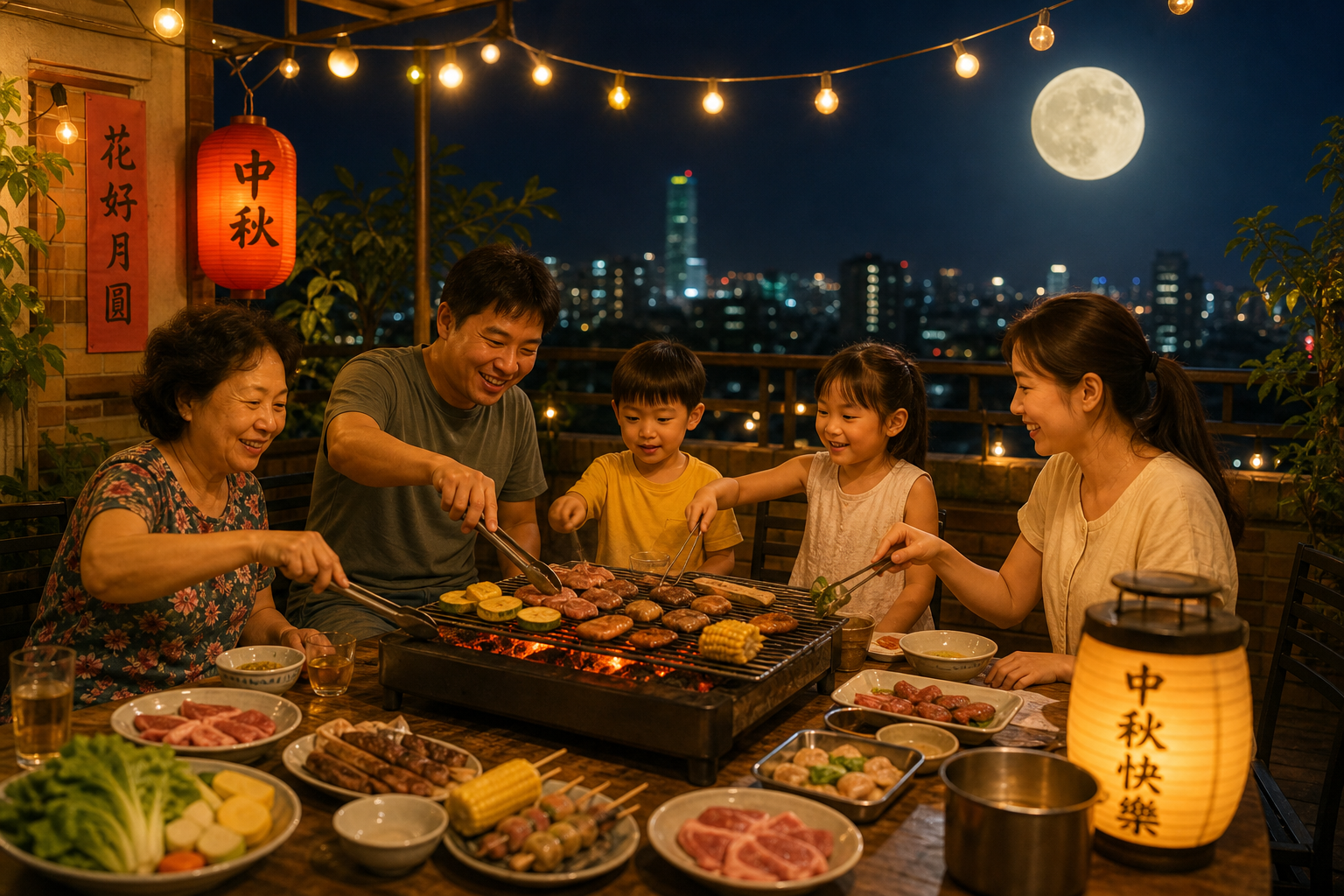 中秋節台灣人陽台烤肉,滿月高掛夜空,溫馨的團圓氛圍