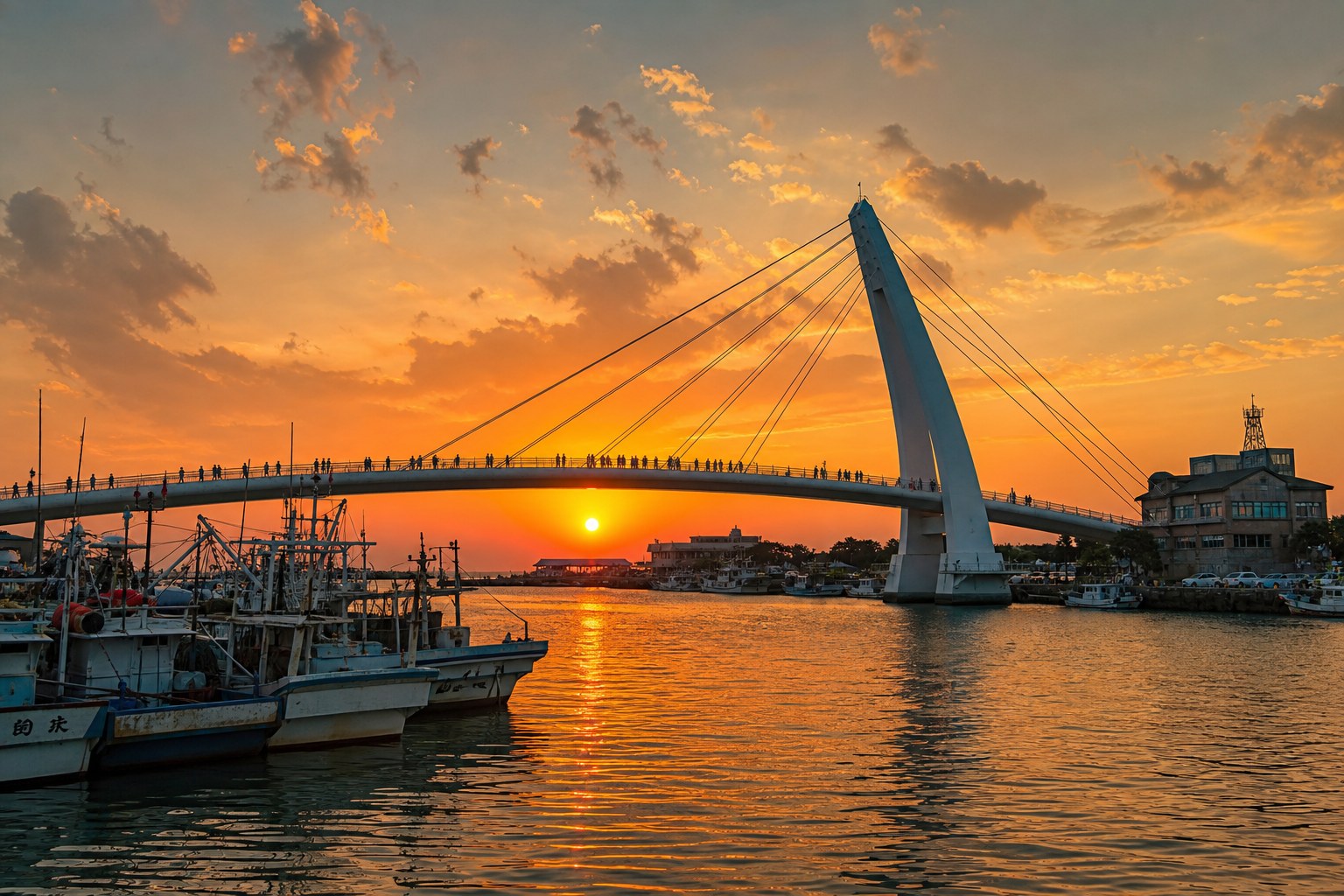 夕陽下的淡水漁人碼頭情人橋，白色斜張橋與金色河面是淡水最經典的畫面