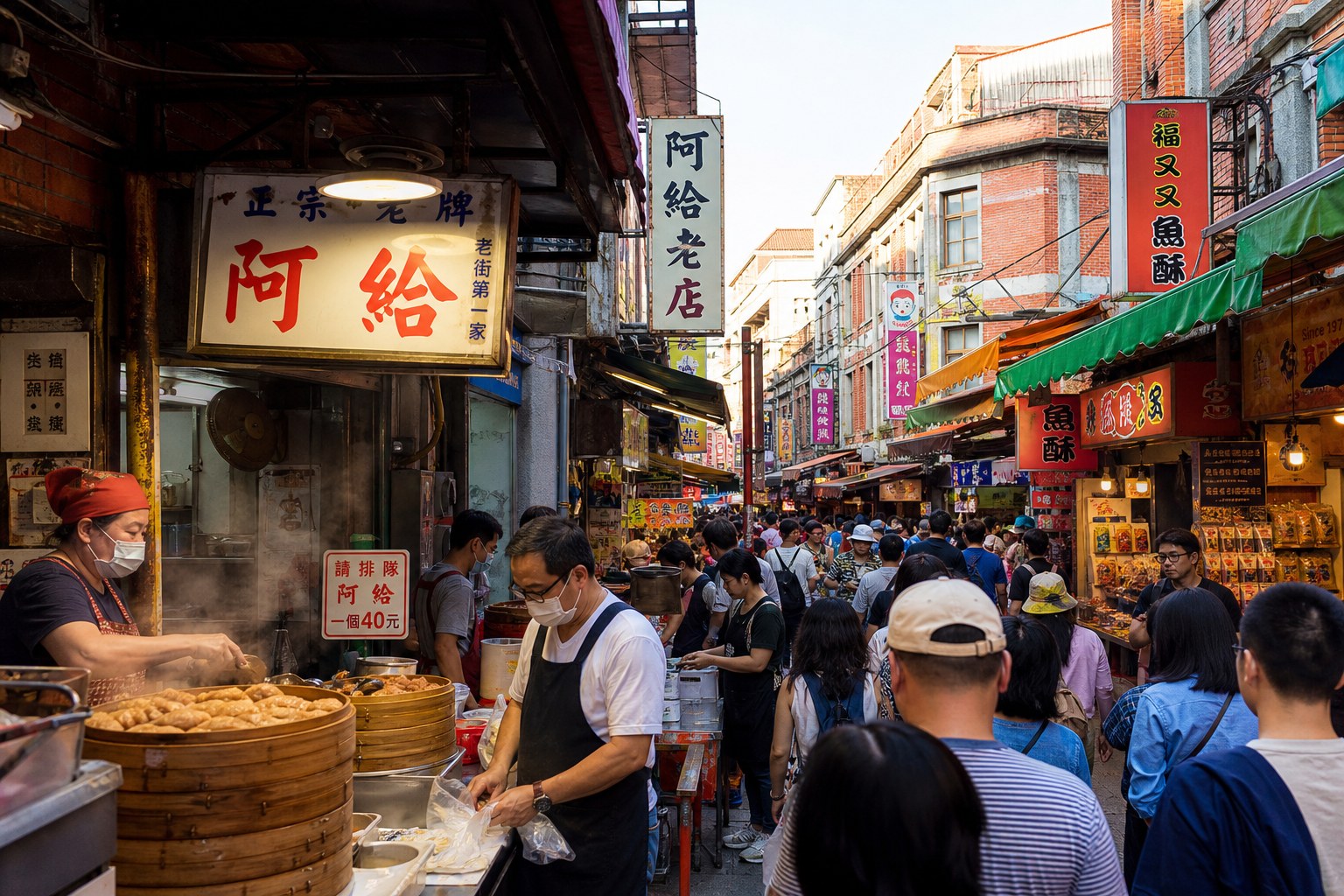 淡水老街是台北最經典的河畔小鎮市街，阿給、魚酥、鐵蛋等銅板小吃一路吃到渡船頭