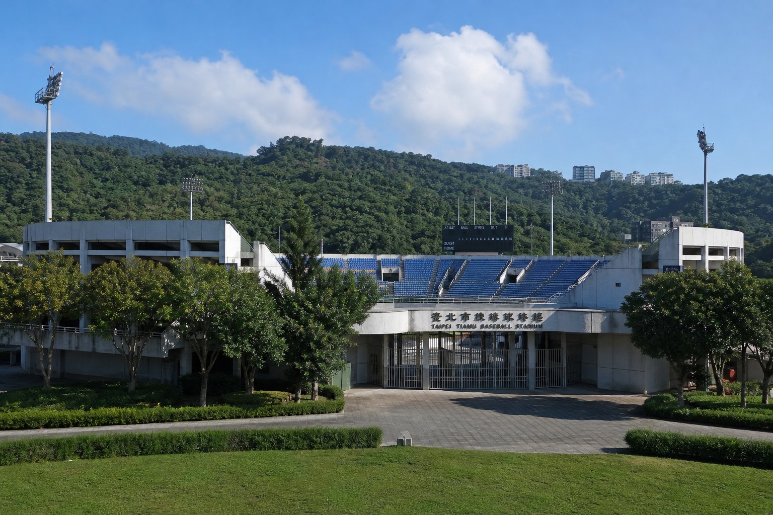 【AI生成示意圖】天母棒球場外觀,位於天母運動公園內的味全龍主場