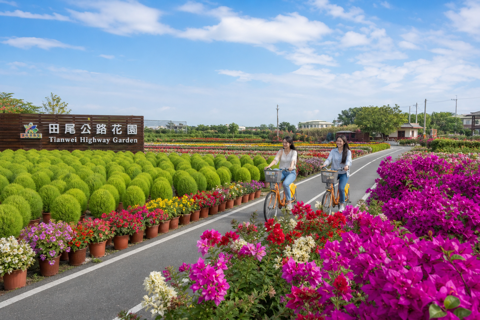 田尾公路花園的單車道與波波草花園，綠意盎然的鄉村風光