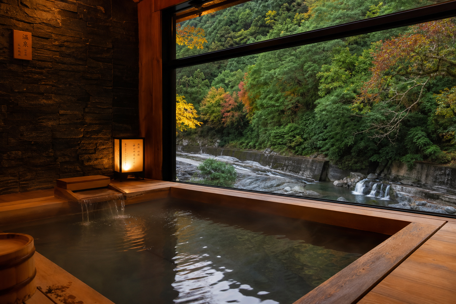 烏來溫泉湯屋內部，木質浴池盛滿清澈溫泉水，窗外可見溪谷山林景觀