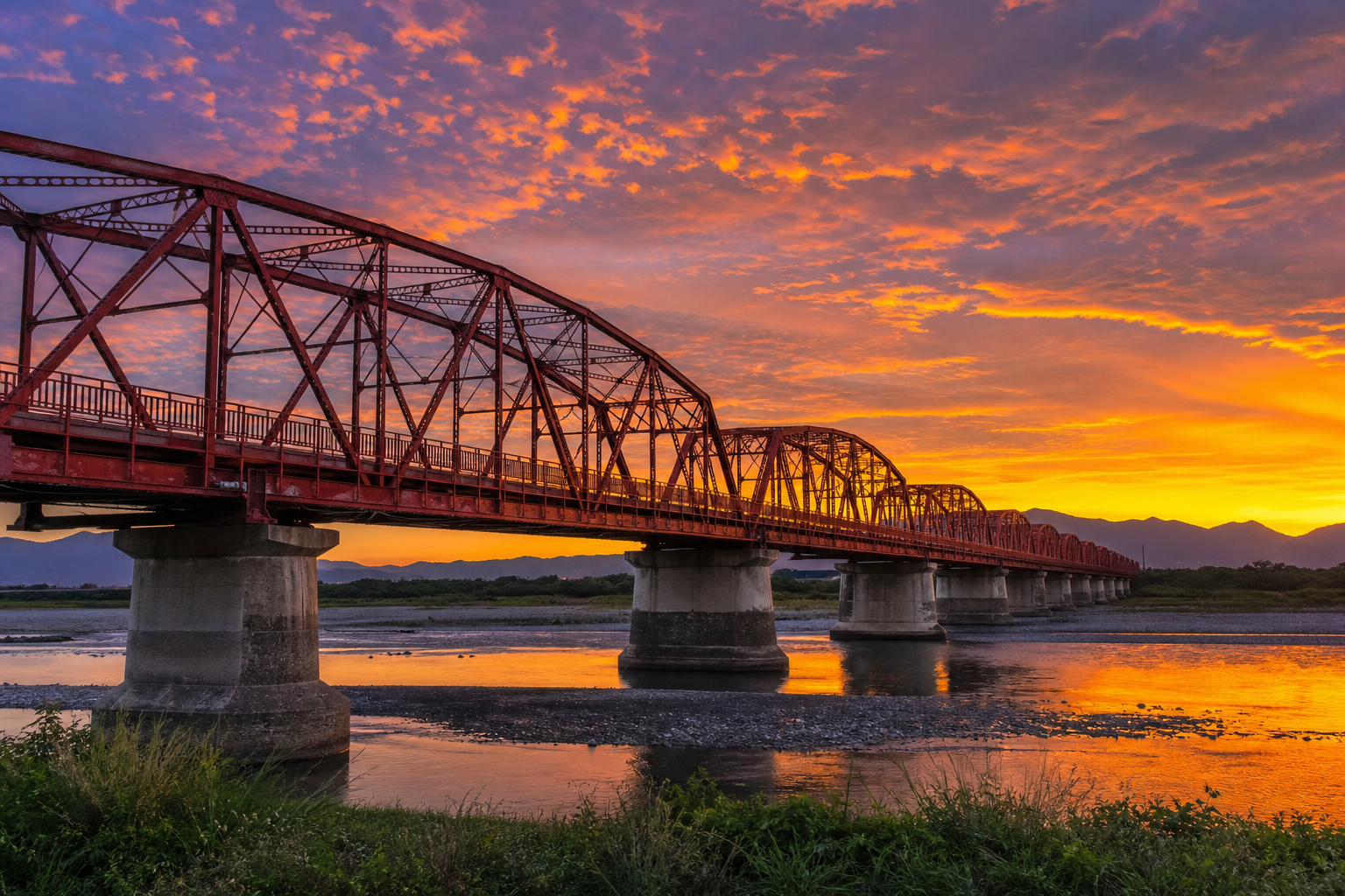 西螺大橋夕陽，紅色鋼橋橫跨濁水溪，金色天空與河水相映