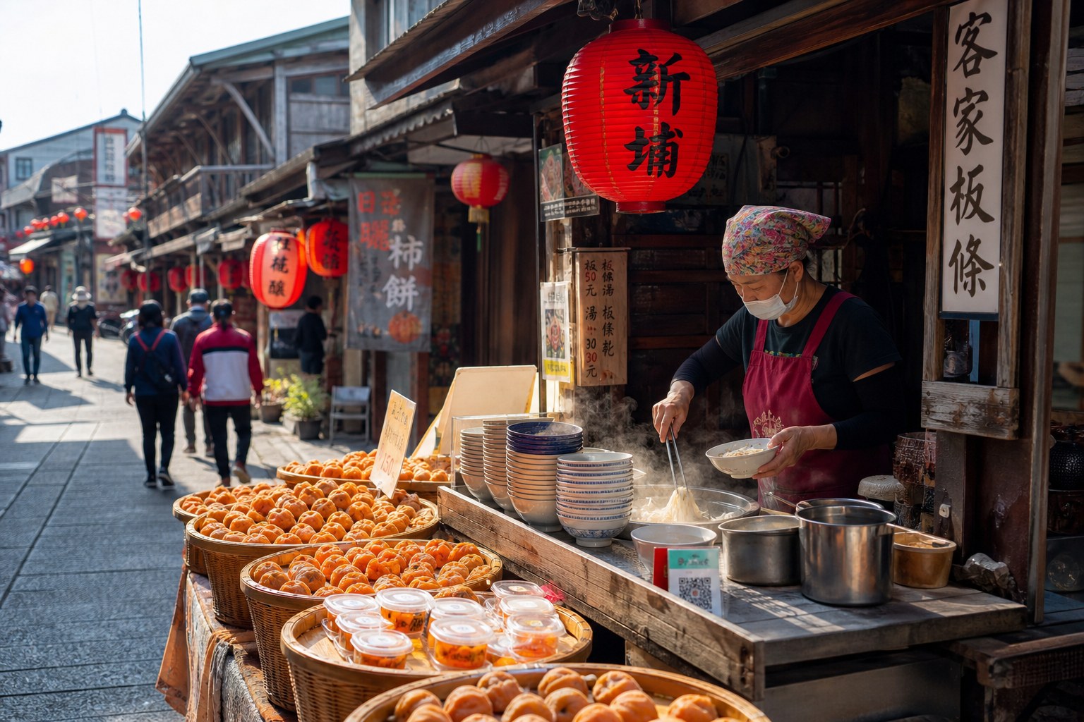 新埔老街的客家粄條店與柿餅攤,秋日限定的小鎮風情(AI 生成示意圖)