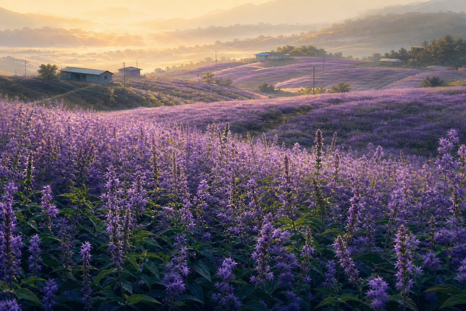 【AI生成示意圖】楊梅仙草花海:大片粉紫色仙草花穗如絨毯鋪滿丘陵田野,遠山與農舍在晨光薄霧中若隱若現