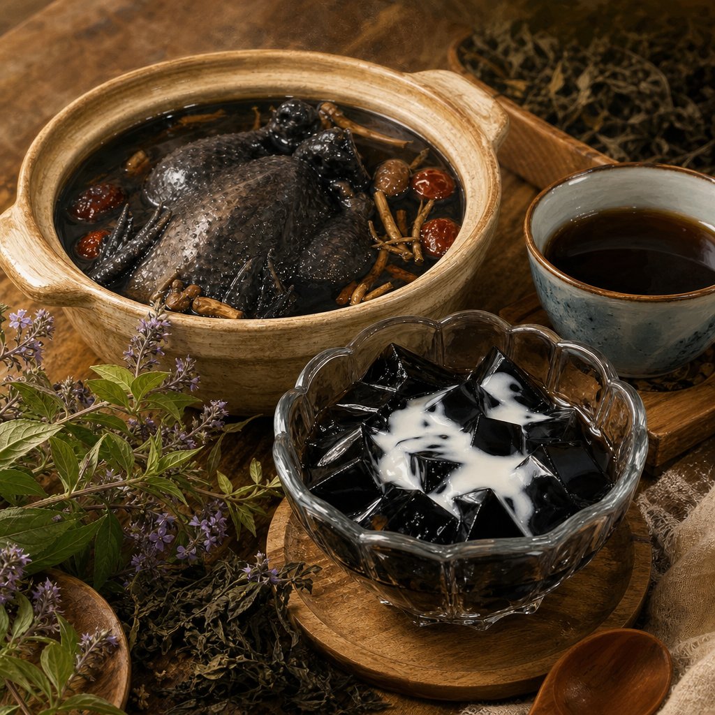 【AI生成示意圖】仙草料理:陶鍋仙草雞湯、淋上奶水的仙草凍與一杯仙草茶,木桌上擺著仙草植株與乾燥藥草