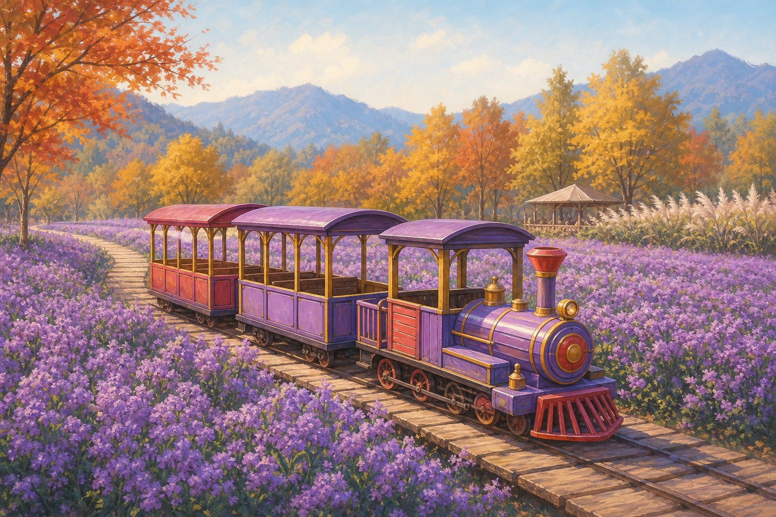 【AI生成示意圖】嘟嘟小火車穿越紫色仙草花田:迷你復古小火車沿木枕鐵軌行駛在粉紫色花海間,秋季節慶氛圍