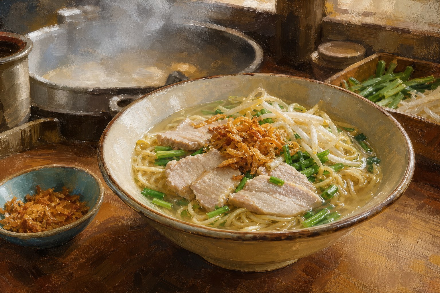 【AI生成示意圖】玉里麵:油麵加肉片、韭菜、豆芽與油蔥酥的大骨湯麵,麵攤現煮熱氣騰騰
