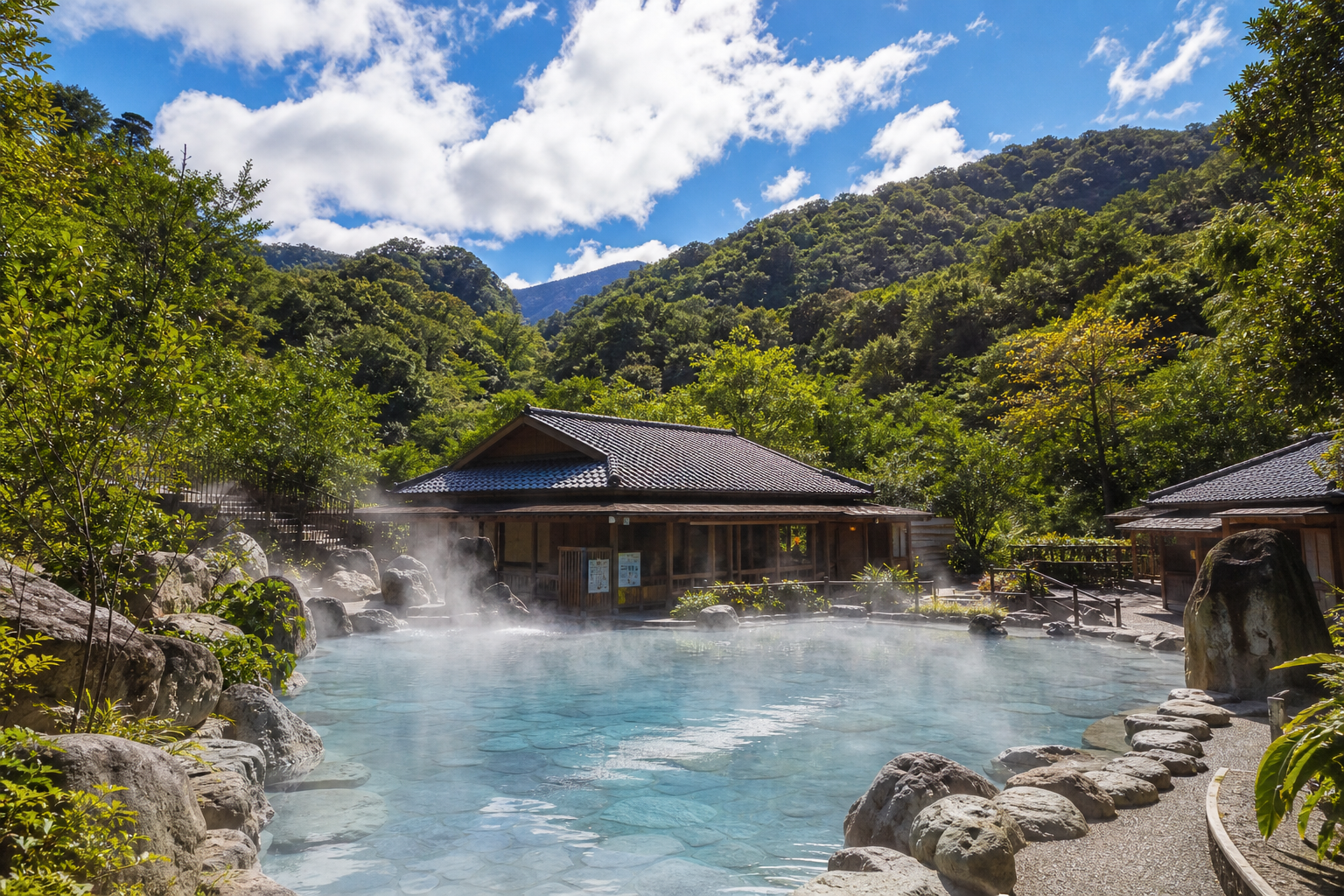 知本溫泉區的露天泡湯池,四周群山環繞