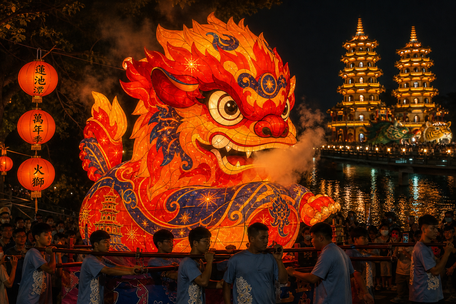 【AI生成示意圖】2026 左營萬年季火獅夜間巡境，蓮池潭畔龍虎塔燈火倒映（以官方主視覺與往年火獅實拍為構圖參考生成）。