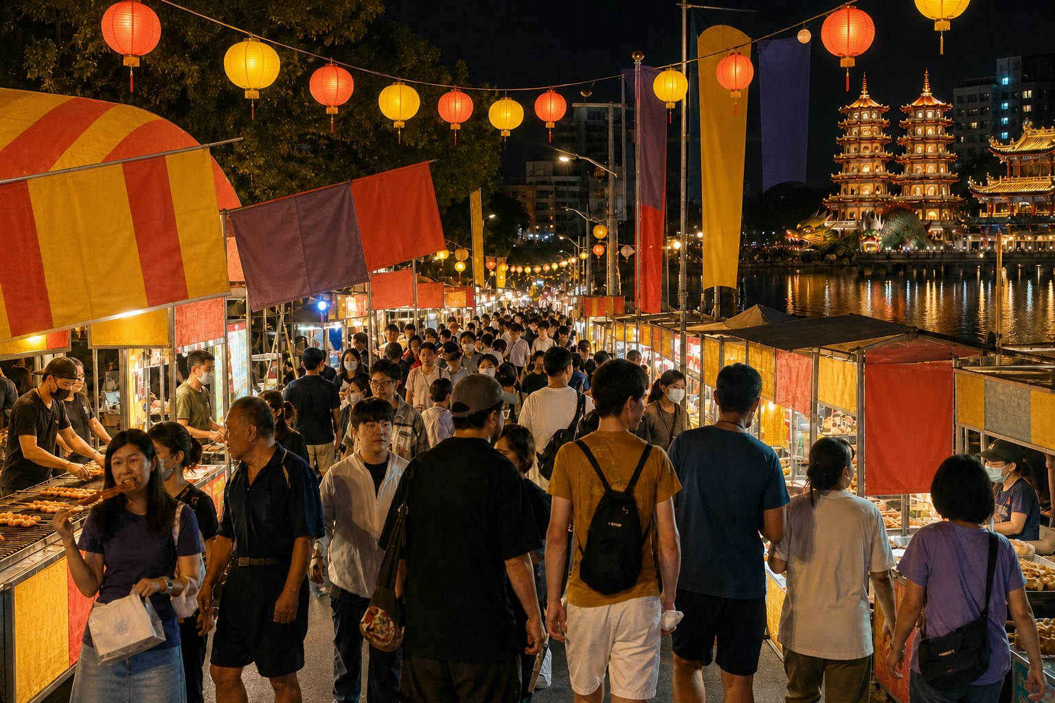 【AI生成示意圖】萬年季蓮潭路夜市：燈籠高掛、上百攤美食市集沿蓮池潭展開的夜間盛況（以活動實況為構圖參考生成）。